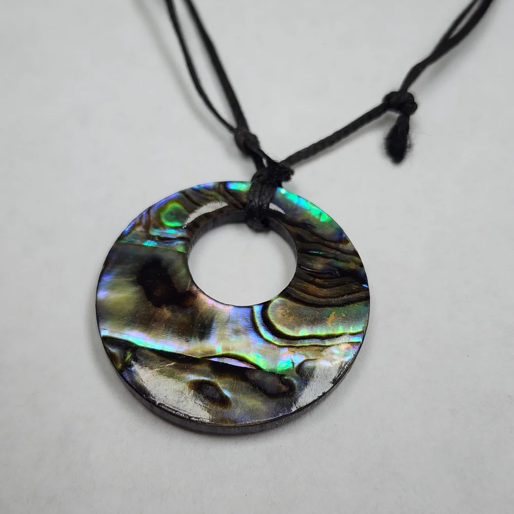 Iridescent Abalone Shell Like Wood Pendant Cord Necklace